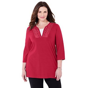 Catherines Women's Plus Size Petite Suprema Lace Trim Duet Top