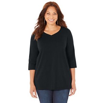 Catherines Women's Plus Size Petite Suprema 3/4 Sleeve V-Neck Tee