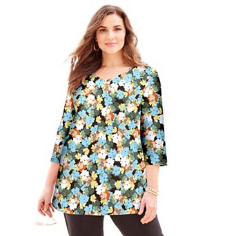 Catherines Women's Plus Size Petite Suprema 3/4 Sleeve V-Neck Tee