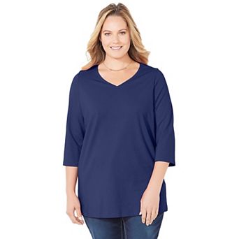 Catherines Women's Plus Size Petite Suprema 3/4 Sleeve V-Neck Tee