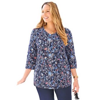 Catherines Women's Plus Size Petite Suprema 3/4 Sleeve V-Neck Tee