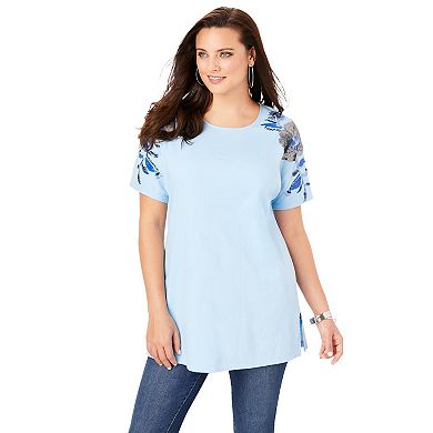 Roaman's Women's Plus Size Embellished Tunic With Side Slits