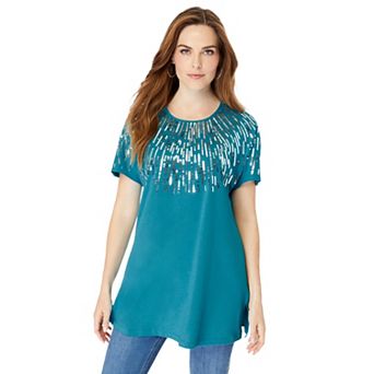 Roaman's Women's Plus Size Embellished Tunic With Side Slits