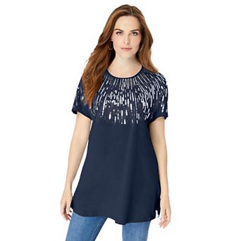 Roaman's Women's Plus Size Embellished Tunic With Side Slits