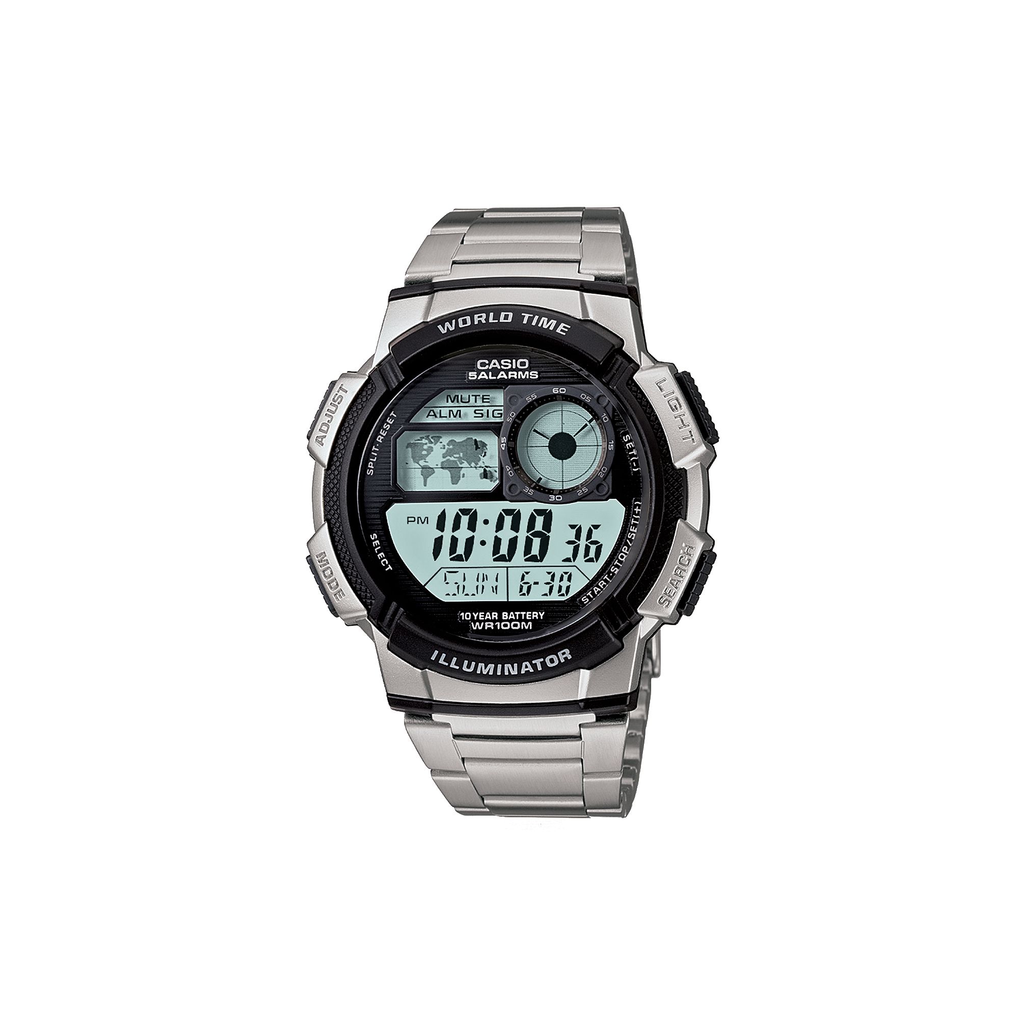 Casio Mens Illuminator Stainless Steel Digital Chronograph Watch - AE1000W