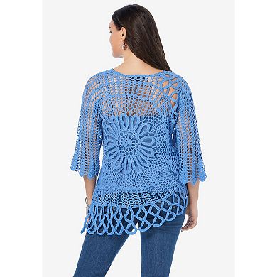 Roaman's Women's Plus Size Starburst Crochet Sweater