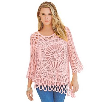 Roaman's Women's Plus Size Plus Size Crochet Sweater With Starburst Pattern