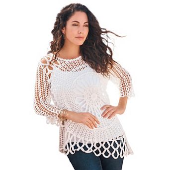 Roaman's Women's Plus Size Plus Size Crochet Sweater With Starburst Pattern