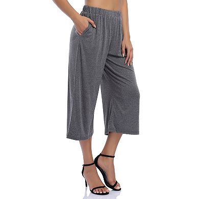 Women's Elastic Waist Solid Palazzo Casual Wide Leg Pants With Pockets