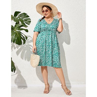 Plus Size Dress Women's V Neck A-Line Knee Length Wrap Swing Dresses A Line Party Mini Dress