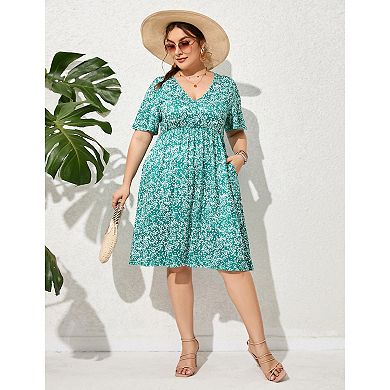 Plus Size Dress Women's V Neck A-Line Knee Length Wrap Swing Dresses A Line Party Mini Dress