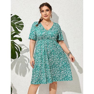 Plus Size Dress Women's V Neck A-Line Knee Length Wrap Swing Dresses A Line Party Mini Dress