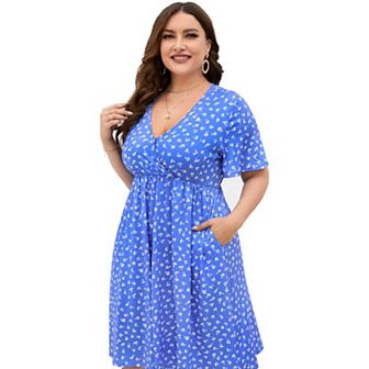 Plus Size Dress Women's V Neck A-Line Knee Length Wrap Swing Dresses A Line Party Mini Dress