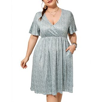 Plus Size Dress Women's V Neck A-Line Knee Length Wrap Swing Dresses A Line Party Mini Dress