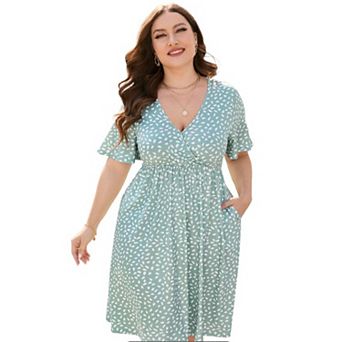 Plus Size Dress Women's V Neck A-Line Knee Length Wrap Swing Dresses A Line Party Mini Dress