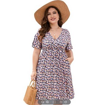 Plus Size Dress Women's V Neck A-Line Knee Length Wrap Swing Dresses A Line Party Mini Dress