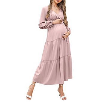 Women's Maternity Dress V-neck Long Sleeve Pleated Maternity Casual Maxi Dresses