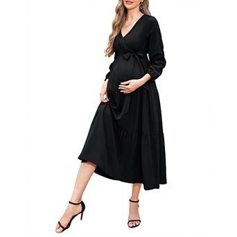Women's Maternity Dress V-neck Long Sleeve Pleated Maternity Casual Maxi Dresses