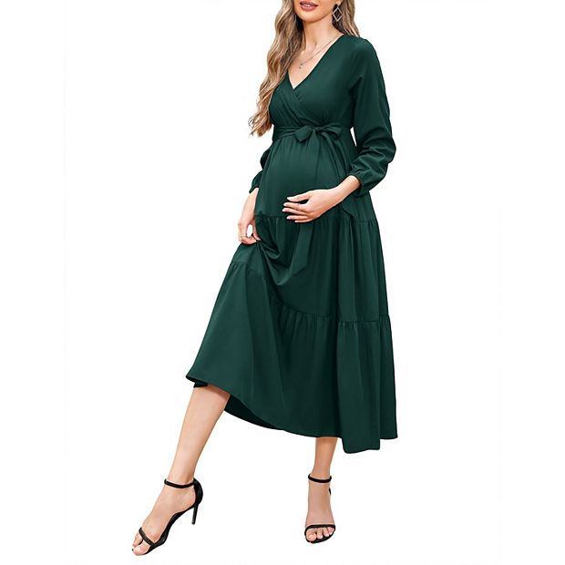 Women s Maternity Dress V neck Long Sleeve Pleated Maternity Casual Maxi Dresses