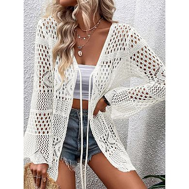 Women's Crochet Cardigan Light Weight Long Sleeve Tie Front Hollow Out Thin Cardigan