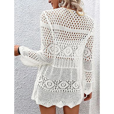 Women's Crochet Cardigan Light Weight Long Sleeve Tie Front Hollow Out Thin Cardigan