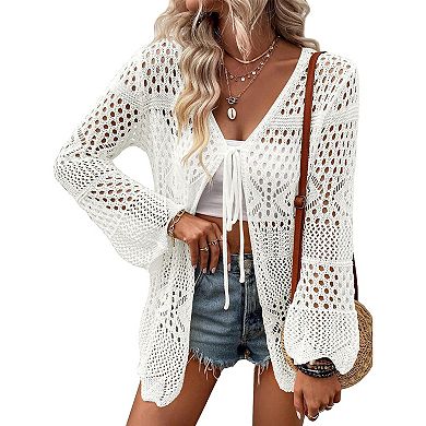 Women's Crochet Cardigan Light Weight Long Sleeve Tie Front Hollow Out Thin Cardigan