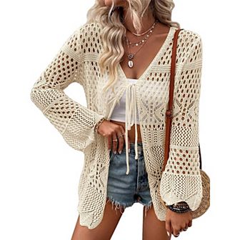 Women's Crochet Cardigan Light Weight Long Sleeve Tie Front Hollow Out Thin Cardigan