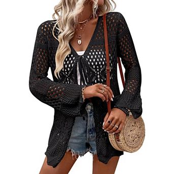 Women's Crochet Cardigan Light Weight Long Sleeve Tie Front Hollow Out Thin Cardigan