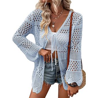 Women's Crochet Cardigan Light Weight Long Sleeve Tie Front Hollow Out Thin Cardigan