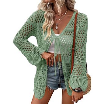 Women's Crochet Cardigan Light Weight Long Sleeve Tie Front Hollow Out Thin Cardigan