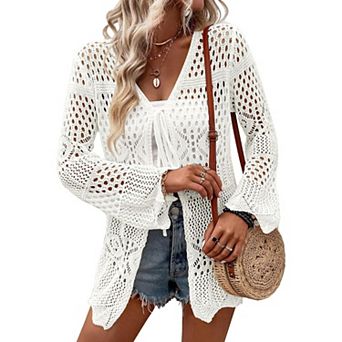 Women's Crochet Cardigan Light Weight Long Sleeve Tie Front Hollow Out Thin Cardigan