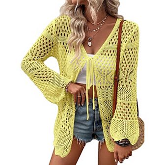 Women's Crochet Cardigan Light Weight Long Sleeve Tie Front Hollow Out Thin Cardigan