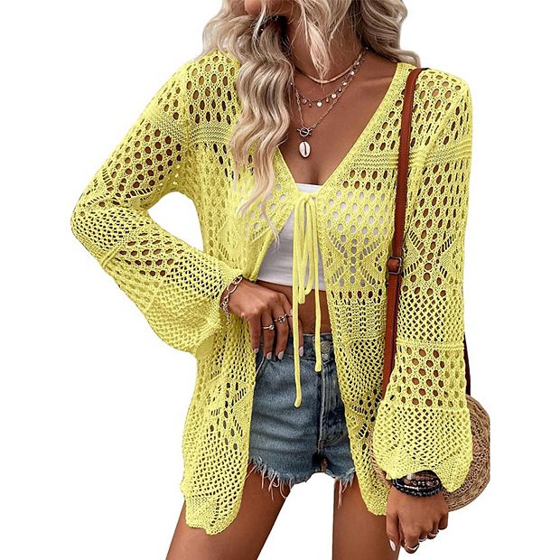 Women s Crochet Cardigan Light Weight Long Sleeve Tie Front Hollow Out Thin Cardigan