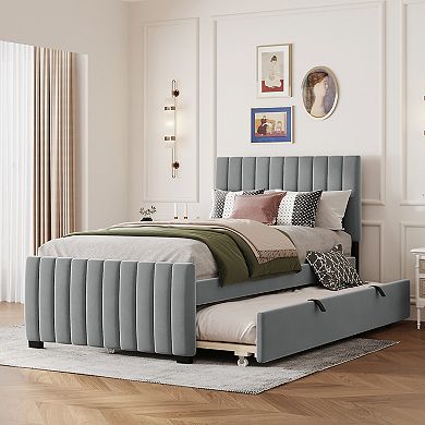 Merax Velvet Upholstered Platform Bed With Trundle