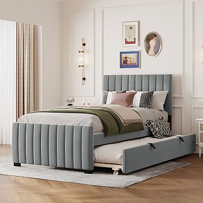 Merax Velvet Upholstered Platform Bed With Trundle