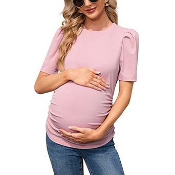 Maternity Shirts Women's Casual Floral Tops Pregnancy Short Sleeve Striped Ruched Side Tunic Top