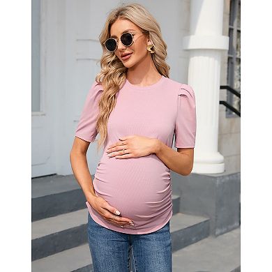 Maternity Shirts Women's Casual Floral Tops Pregnancy Short Sleeve Striped Ruched Side Tunic Top