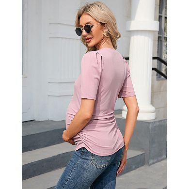 Maternity Shirts Women's Casual Floral Tops Pregnancy Short Sleeve Striped Ruched Side Tunic Top