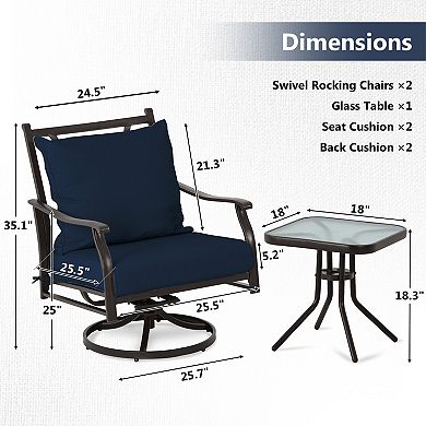 Aoodor Outdoor Swivel Chair Set - Two Chairs, One Glass Table, and Two Thick Cushions