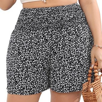 Women Plus Size Comfy Shorts Elastic High Waist Casual Summer Pleated Lounge Shorts