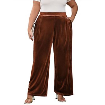 Women Plus Size Velvet Pants Long Wide Leg Trousers for Women Elastic Waist Casual Trouser