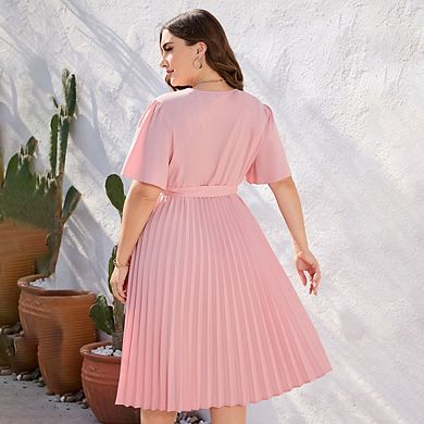 Women Wrap V Neck Casual Summer Dresses Short Sleeve Tie Waist Pleated Flowy Midi Dress