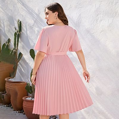 Women Wrap V Neck Casual Summer Dresses Short Sleeve Tie Waist Pleated  Flowy Midi Dress