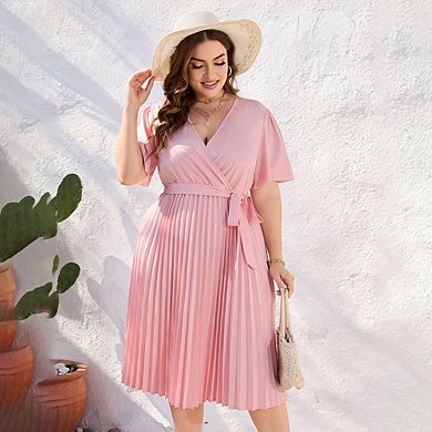 Women Wrap V Neck Casual Summer Dresses Short Sleeve Tie Waist Pleated Flowy Midi Dress