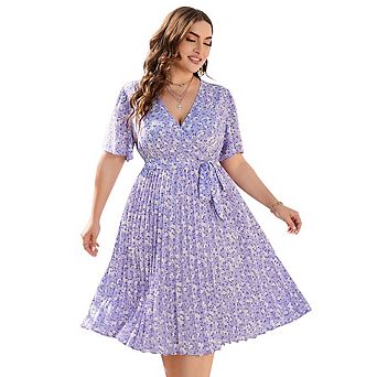 Women Wrap V Neck Casual Summer Dresses Short Sleeve Tie Waist Pleated Flowy Midi Dress