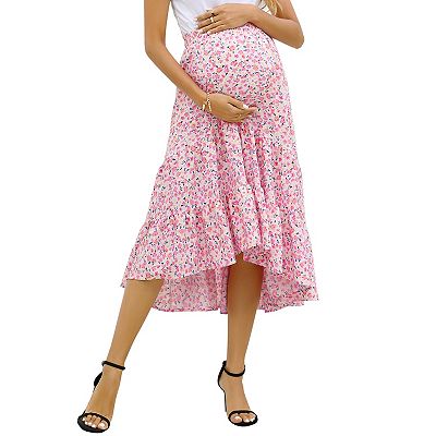 Maternity Dress Women s High Waist Floral Print Pleated Maxi Skirt Flowy Swing A Line Long Skirts