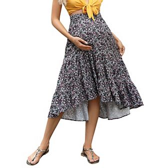 Maternity Dress Women's High Waist Floral Print Pleated Maxi Skirt Flowy Swing A Line Long Skirts
