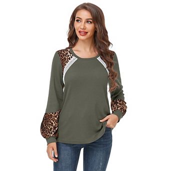 Women's Long Sleeve Leopard Print Tunic Tops Casual Color Block Blouse Loose T Shirt