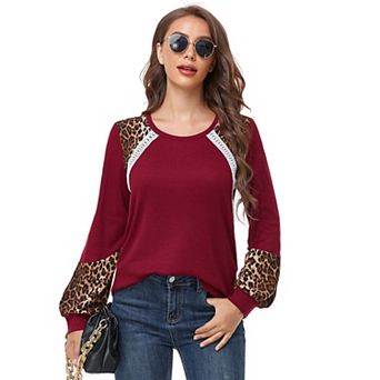 Women's Long Sleeve Leopard Print Tunic Tops Casual Color Block Blouse Loose T Shirt