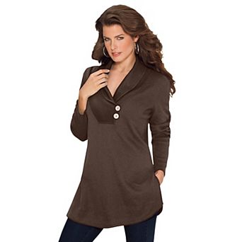 Roaman's Women's Plus Size Plus Size Knit Thermal Shawl Collar Top Long Sleeve